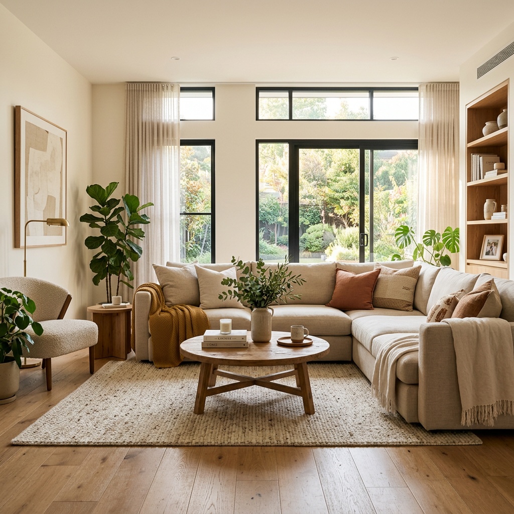 A bright, calm living room with warm neutral tones, oak floors, linen sofas and soft afternoon light through floor-to-ceiling windows.
